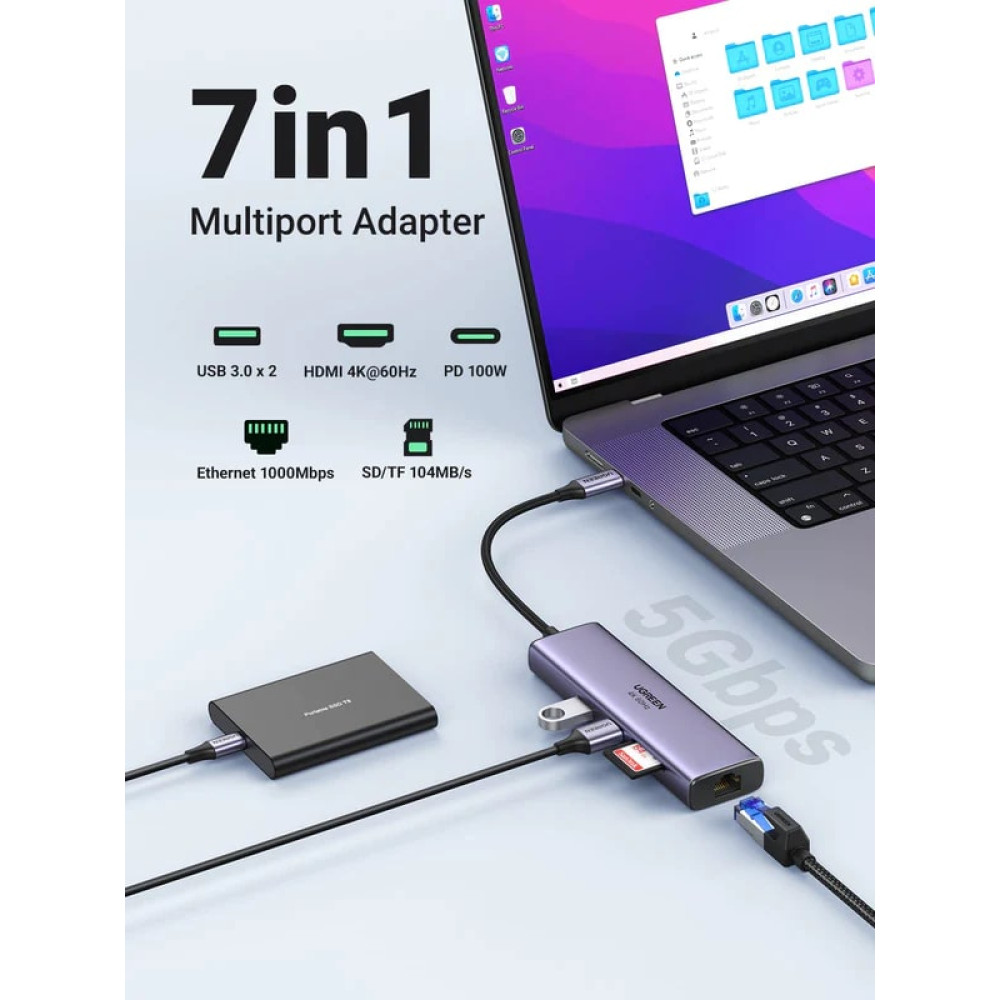 Мултифункционален хъб UGREEN CM512/60515 Revodok Pro 7в1 от Type-C към 2xUSB-A, HDMI, RJ45, USB-C, SD card, MicroSD card Мултифункционален хъб UGREEN CM512/60515 Revodok Pro 7в1 от Type-C към 2xUSB-A, HDMI, RJ45, USB-C, SD card, MicroSD card