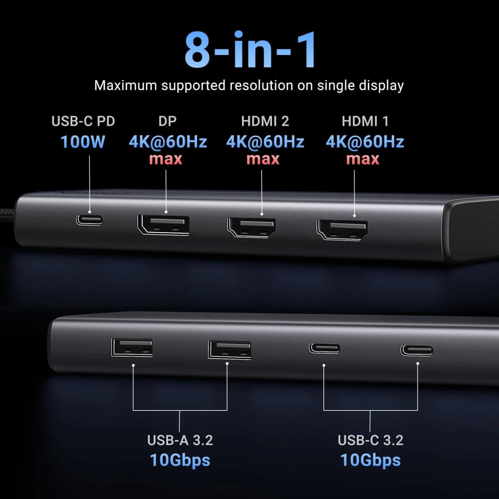 Мултифункционален хъб UGREEN CM639/35625 8в1 от Type-C към 2xHDMI, USB-A 3.0, 2xUSB-A 2.0, USB-C 3.0, SD, microSD (TF), RJ45 1000 Mbps Мултифункционален хъб UGREEN CM639/35625 8в1 от Type-C към 2xHDMI, USB-A 3.0, 2xUSB-A 2.0, USB-C 3.0, SD, microSD (TF), RJ45 1000 Mbps