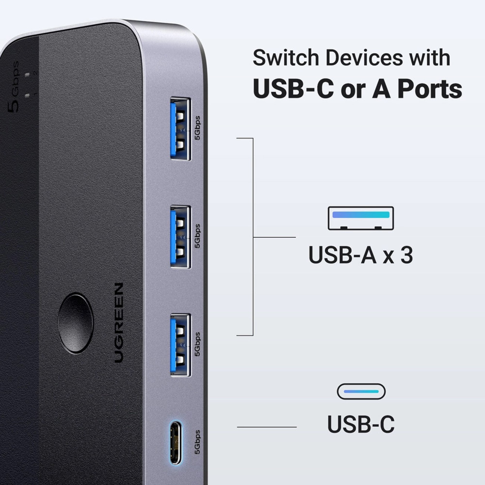 Превключвател UGREEN Sharing Switch Box CM662/15705 от 2xUSB-A и USB-C към 3xUSB-A, USB-C Превключвател UGREEN Sharing Switch Box CM662/15705 от 2xUSB-A и USB-C към 3xUSB-A, USB-C