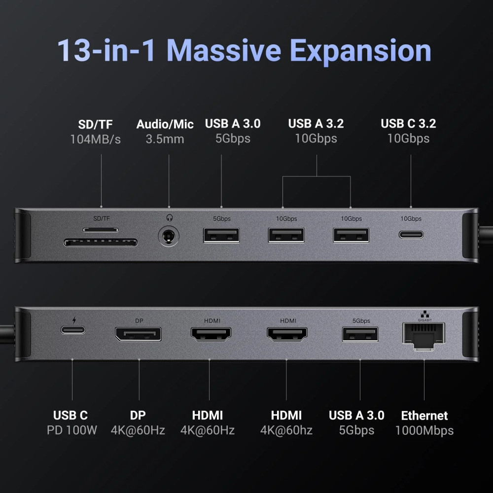 Мултифункционален хъб UGREEN CM681/15978 13в1 от Type-C към 2xHDMI, DisplayPort, 2xUSB-C, 4xUSB-A, RJ45, SD, microSD (TF), AUX 3.5mm jack Мултифункционален хъб UGREEN CM681/15978 13в1 от Type-C към 2xHDMI, DisplayPort, 2xUSB-C, 4xUSB-A, RJ45, SD, microSD (TF), AUX 3.5mm jack