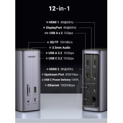 Докинг станция UGREEN CM555/90325 12в1 - 3xHDMI, DisplayPort, 3xUSB-A, USB-C, RJ45, SD, MicroSD (TF), AUX Докинг станция UGREEN CM555/90325 12в1 - 3xHDMI, DisplayPort, 3xUSB-A, USB-C, RJ45, SD, MicroSD (TF), AUX
