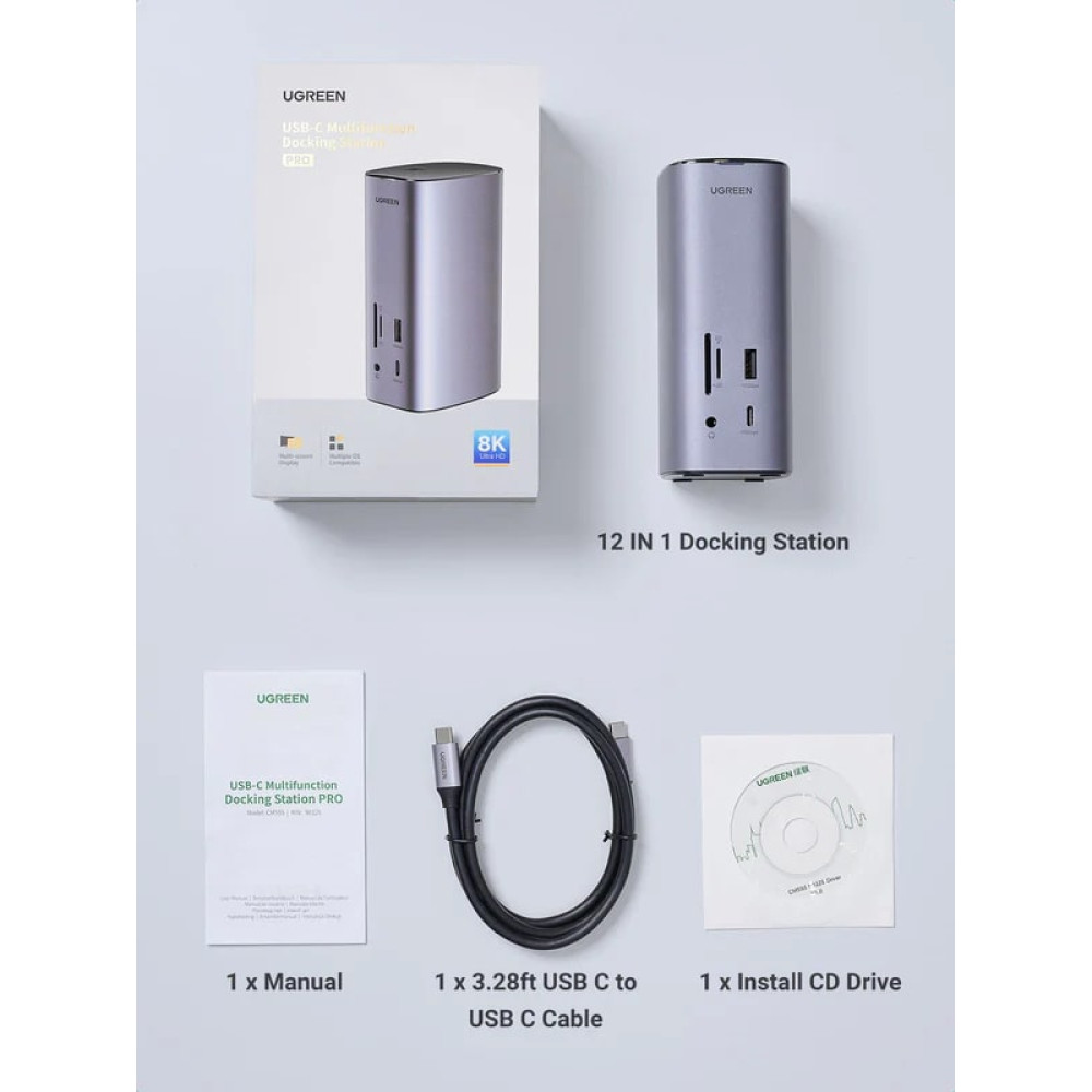 Докинг станция UGREEN CM555/90325 12в1 - 3xHDMI, DisplayPort, 3xUSB-A, USB-C, RJ45, SD, MicroSD (TF), AUX Докинг станция UGREEN CM555/90325 12в1 - 3xHDMI, DisplayPort, 3xUSB-A, USB-C, RJ45, SD, MicroSD (TF), AUX