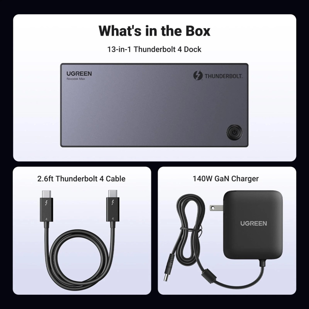 Докинг станция UGREEN U709/25085EU 13в1 - 2xThunderbolt, HDMI, DisplayPort, 2xUSB-C, 3xUSB-A, RJ45, SD, MicrosR (TF), AUX, DC Докинг станция UGREEN U709/25085EU 13в1 - 2xThunderbolt, HDMI, DisplayPort, 2xUSB-C, 3xUSB-A, RJ45, SD, MicrosR (TF), AUX, DC