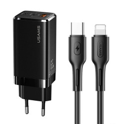 Зарядно устройство 220V USAMS - GaN (SJ406) 65W,  USB-A, 2 x USB-C, 4.5A + Type-C към Lightning кабел Зарядно устройство 220V USAMS - GaN (SJ406) 65W,  USB-A, 2 x USB-C, 4.5A + Type-C към Lightning кабел