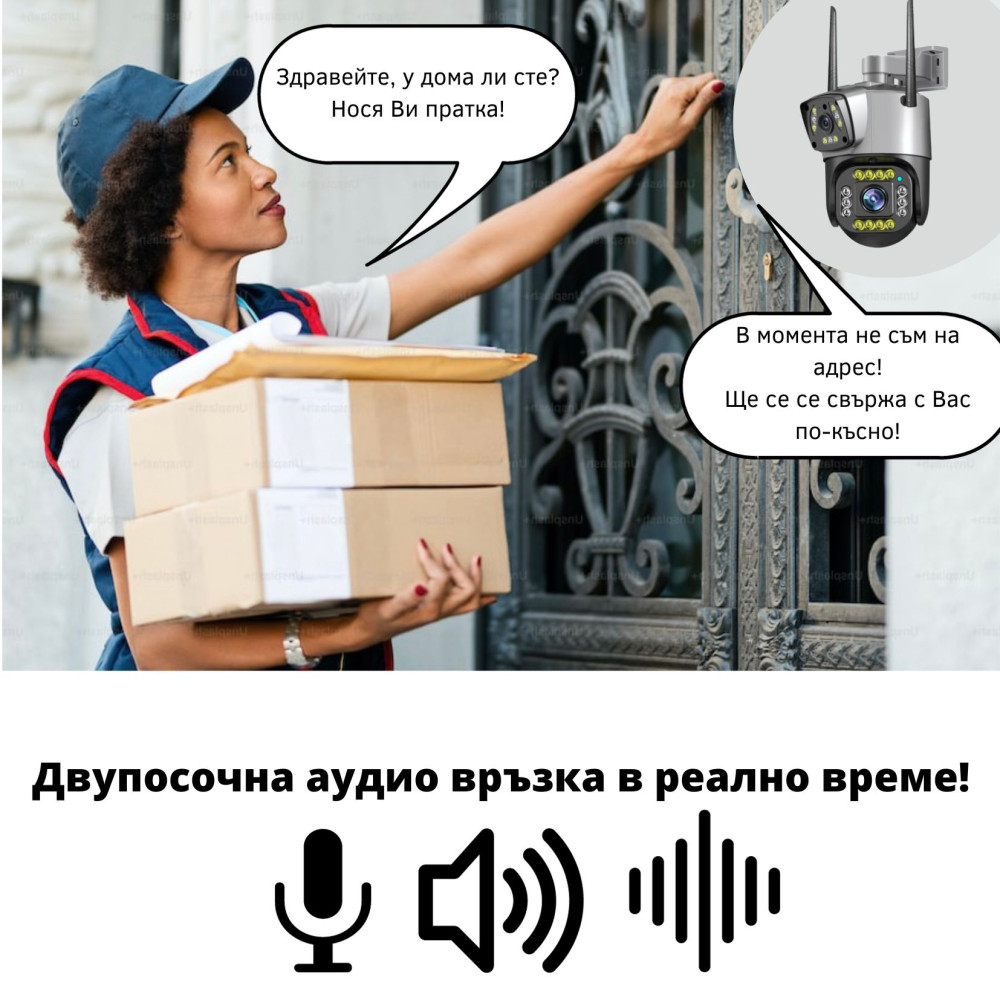 Външна WiFi двойна камера с микрофон, нощно виждане и следене на движение, слот за SD карта, 2MP+2MP - SC02-W