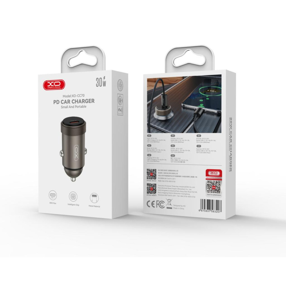 Зарядно за автомобил 12V XO - CC70 30W, USB-C Зарядно за автомобил 12V XO - CC70 30W, USB-C