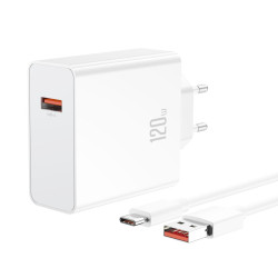 Зарядно устройство 220V XO - L128, 120W, USB-A + кабел USB-A към Type-C Зарядно устройство 220V XO - L128, 120W, USB-A + кабел USB-A към Type-C