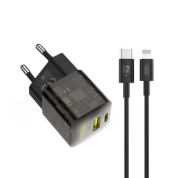 Зарядно устройство 220V XO - CE05, 30W, USB-A, USB-C, GaN + кабел Type-C към Lightning Зарядно устройство 220V XO - CE05, 30W, USB-A, USB-C, GaN + кабел Type-C към Lightning