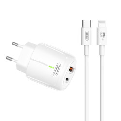 Зарядно устройство 220V XO - L114 20W, USB-A, USB-C + кабел Type-C към Lightning, LED indicator Зарядно устройство 220V XO - L114 20W, USB-A, USB-C + кабел Type-C към Lightning, LED indicator
