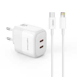 Зарядно устройство 220V XO - GaN Nitride L140 35W, 2xUSB-C + кабел Type-C към Lightning  Зарядно устройство 220V XO - GaN Nitride L140 35W, 2xUSB-C + кабел Type-C към Lightning