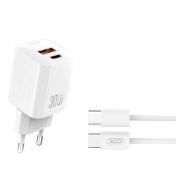 Зарядно устройство 220V XO - L149 30W, USB-A и USB-C, QC, PD + кабел Type-C към Type-C Зарядно устройство 220V XO - L149 30W, USB-A и USB-C, QC, PD + кабел Type-C към Type-C