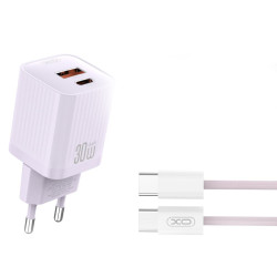 Зарядно устройство 220V XO - L149 30W, USB-A и USB-C, QC, PD + кабел Type-C към Type-C Зарядно устройство 220V XO - L149 30W, USB-A и USB-C, QC, PD + кабел Type-C към Type-C