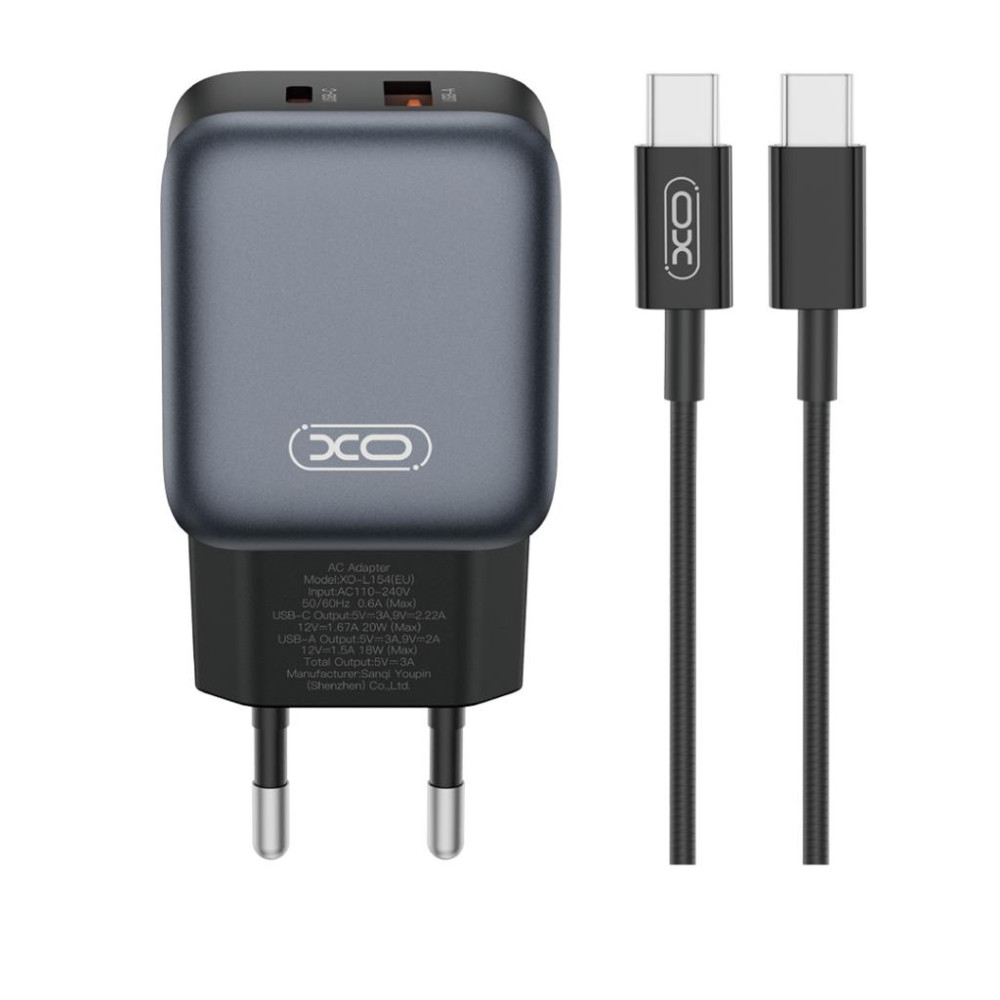 Зарядно устройство 220V XO - L154 20W, USB-A, USB-C + кабел Type-C към Type-C