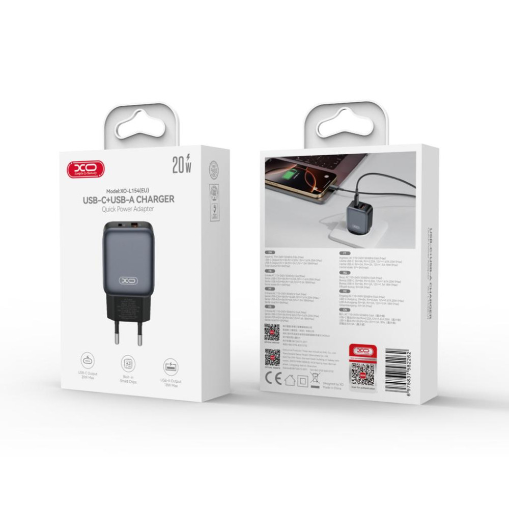 Зарядно устройство 220V XO - L154 20W, USB-A, USB-C + кабел Type-C към Lightning Зарядно устройство 220V XO - L154 20W, USB-A, USB-C + кабел Type-C към Lightning