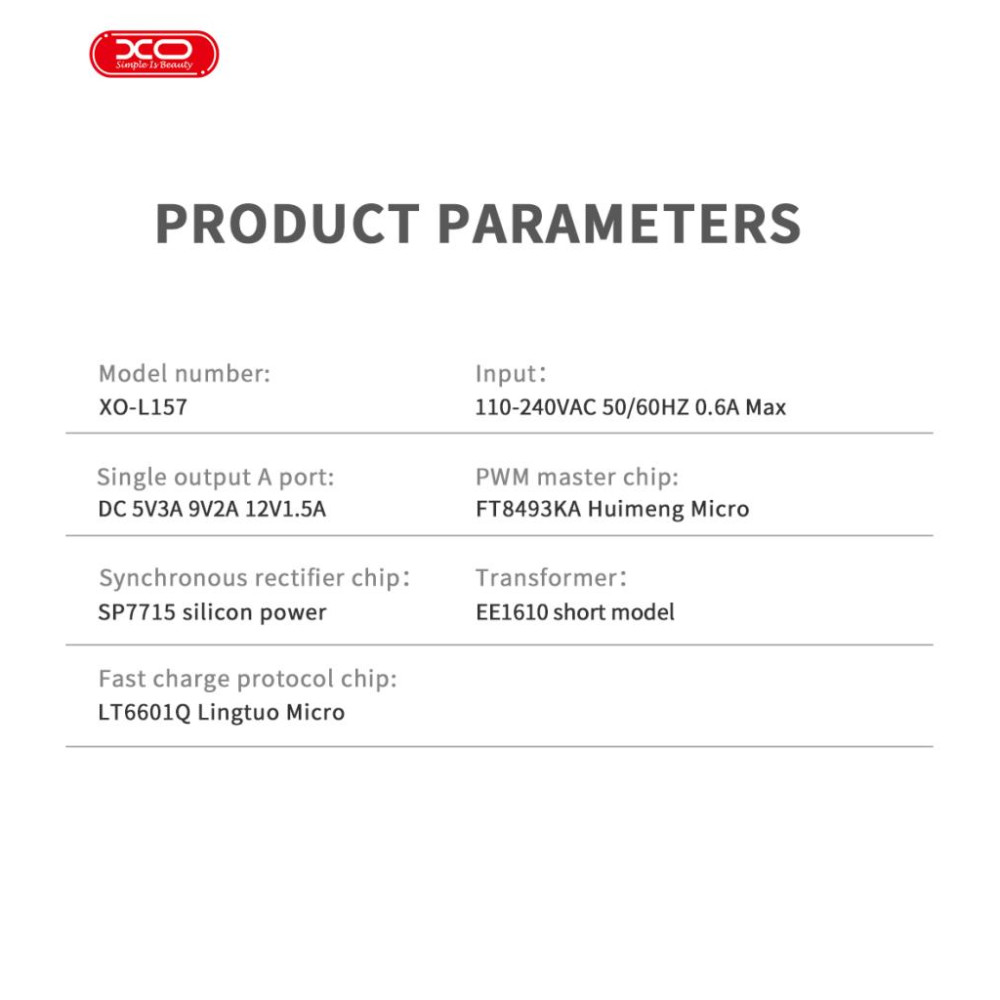Зарядно устройство 220V XO - L157 18W, USB-A - бял Зарядно устройство 220V XO - L157 18W, USB-A - бял