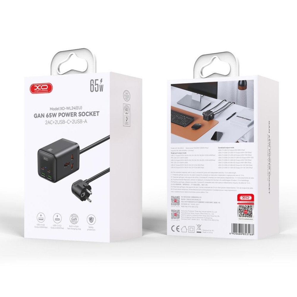 Зарядно устройство 220V 2xUSB-A, 2xUSB-C, AC XO - WL24, 65W Зарядно устройство 220V 2xUSB-A, 2xUSB-C, AC XO - WL24, 65W