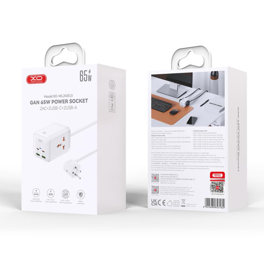 Зарядно устройство 220V 2xUSB-A, 2xUSB-C, AC XO - WL24, 65W Зарядно устройство 220V 2xUSB-A, 2xUSB-C, AC XO - WL24, 65W