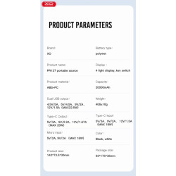 Външна батерия XO PR127 - 20 000 mAh, 20W PD, 22.5W QC Външна батерия XO PR127 - 20 000 mAh, 20W PD, 22.5W QC