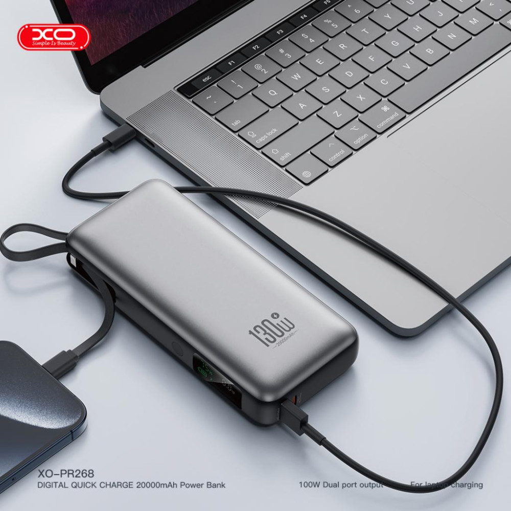 Външна батерия XO PR268 + двупосочен кабел Type-C - 20 000 mAh, 130W Външна батерия XO PR268 + двупосочен кабел Type-C - 20 000 mAh, 130W