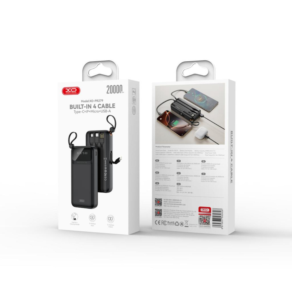 Външна батерия XO PR279 + кабел Type-C / Lightning / Micro - 20 000 mAh, 10W Външна батерия XO PR279 + кабел Type-C / Lightning / Micro - 20 000 mAh, 10W