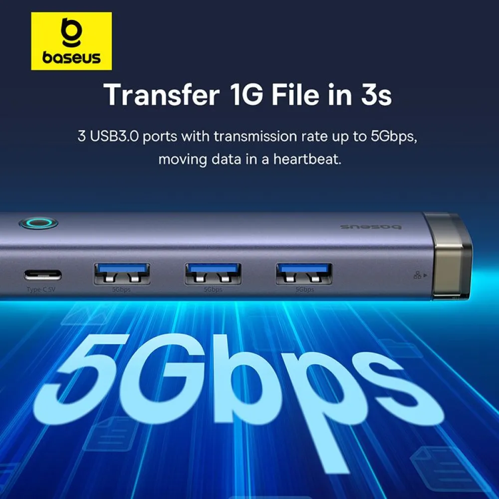 Хъб 4в1 BASEUS UltraJoy от Type-C/USB-A към 3xUSB3.0, USB2.0, USB-C, RJ45 (B0005280B811-14)