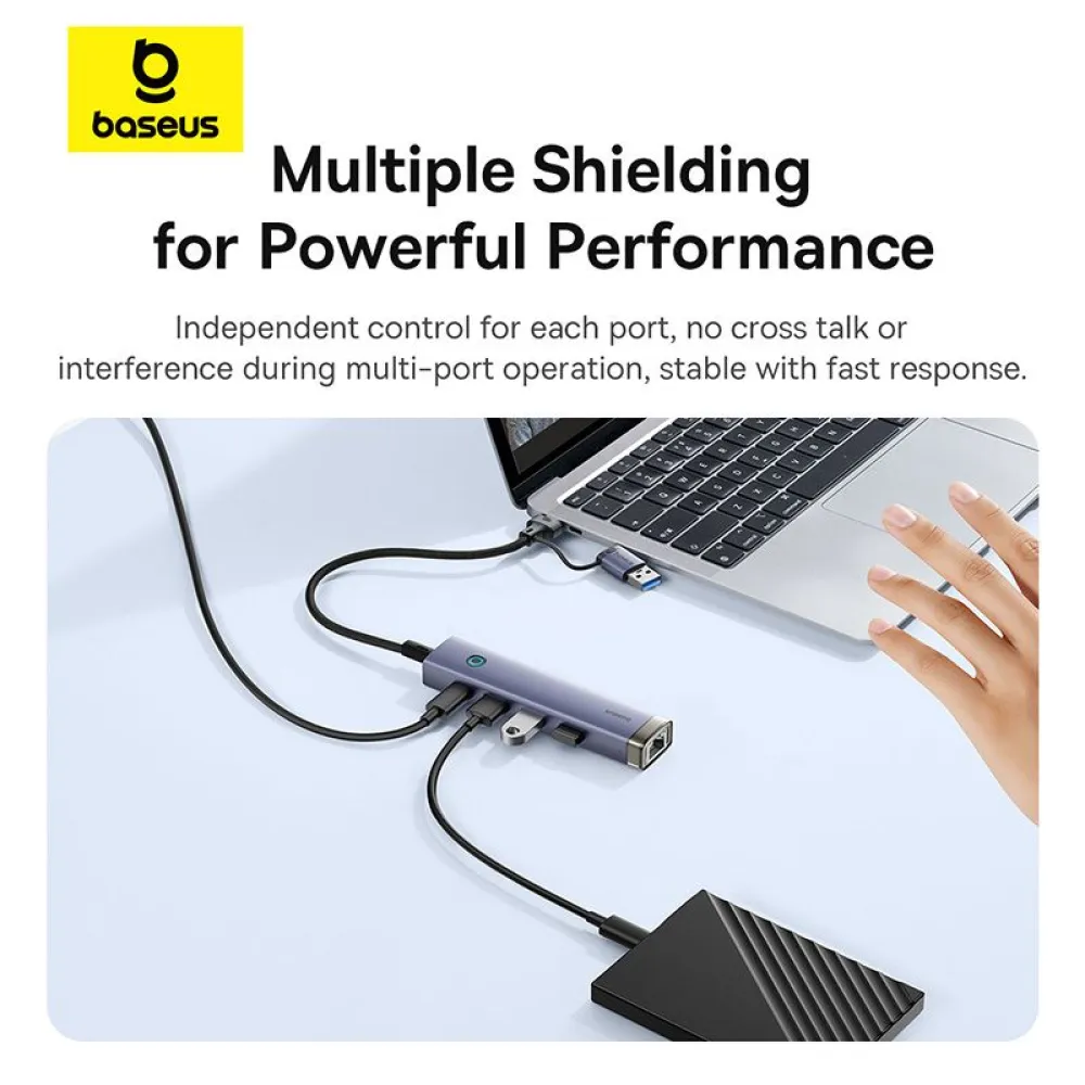 Хъб 4в1 BASEUS UltraJoy от Type-C/USB-A към 3xUSB3.0, USB2.0, USB-C, RJ45 (B0005280B811-14)