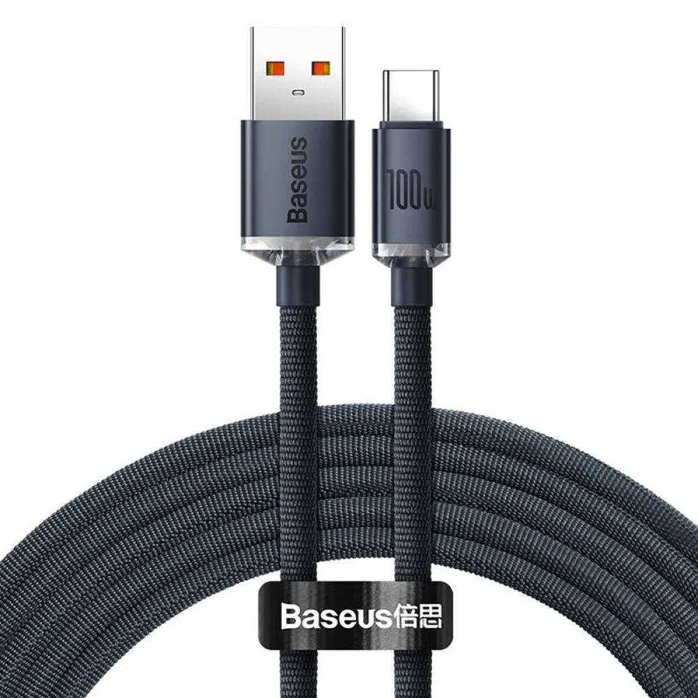 Кабел BASEUS 100W, USB-A - Type-C, Crystal Shine, черен (CAJY000401), 1.2 метра