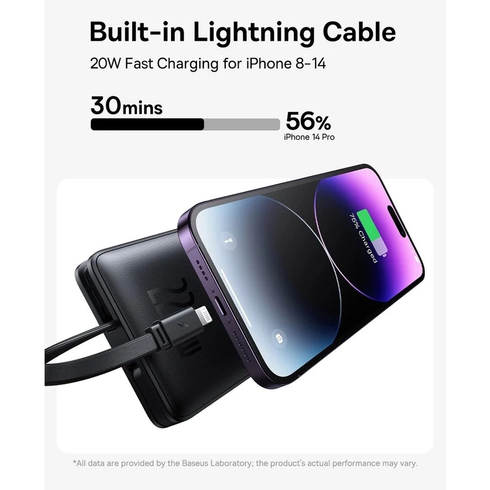 Външна батерия BASEUS - 10 000 mAh, 22.5W, Airpow Lite + Два кабела: Type-C и Lightning (P10067501123-00)