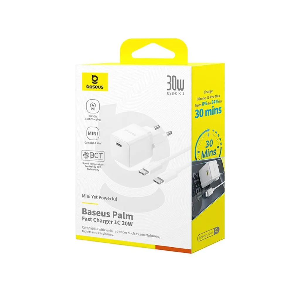 Зарядно устройство BASEUS 30W, 220V, USB-C - Palm fast + кабел (P10111605213-01)