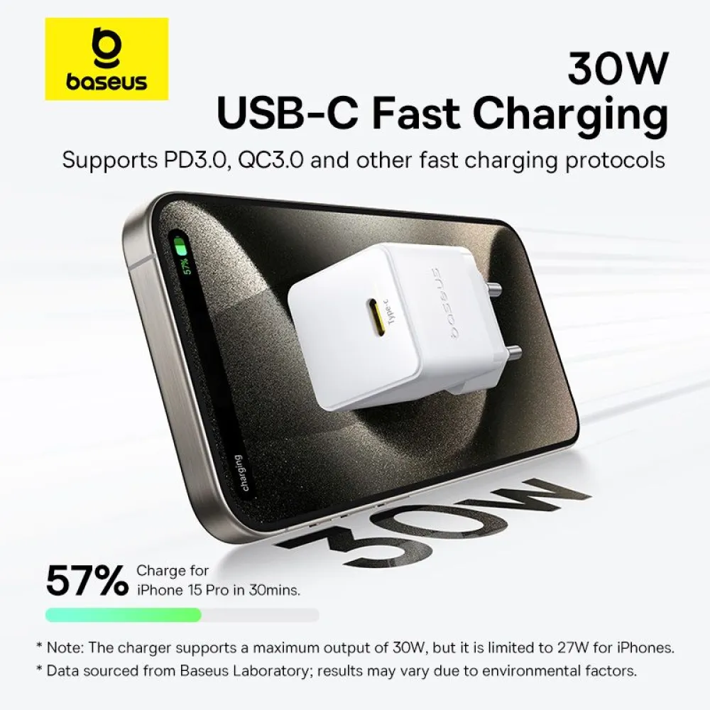 Зарядно устройство BASEUS 30W, 220V, USB-C - Palm fast + кабел (P10111605213-01)