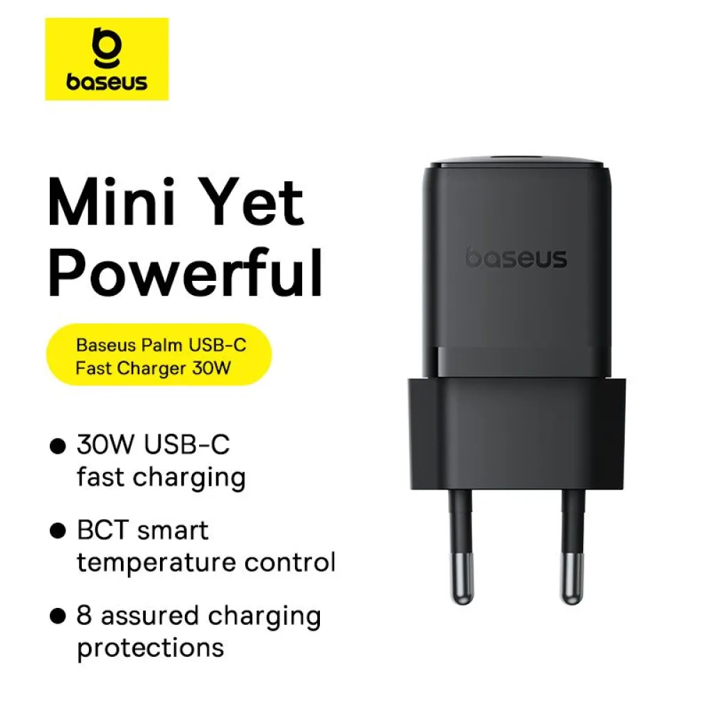 Зарядно устройство BASEUS 30W, 220V, USB-C - Palm fast + кабел, черно (P10111605113-01)