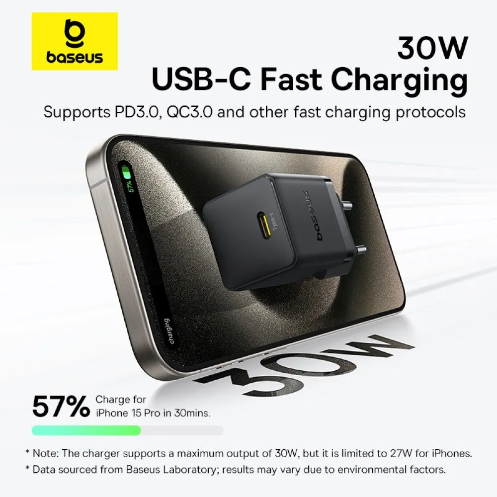 Зарядно устройство BASEUS 30W, 220V, USB-C - Palm fast + кабел, черно (P10111605113-01)