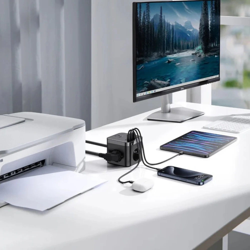 Разклонител и Зарядно устройство 220V BASEUS 30W PowerCombo Cube - (E00066400117-00), 3xAC Sockets + 2XUSB + 2XUSB-C