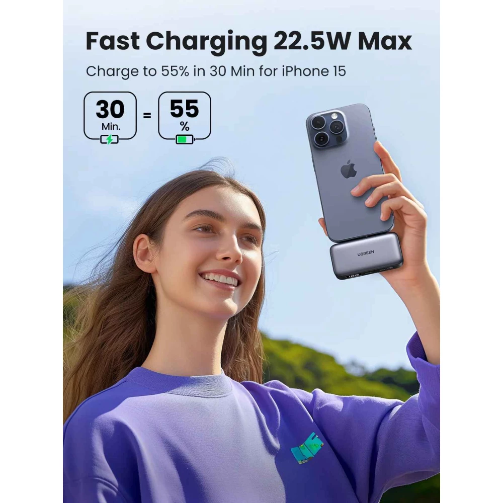 Външна батерия UGREEN - 5 000 mAh, 22.5W, PB503/35338 + вграден Type-C конектор