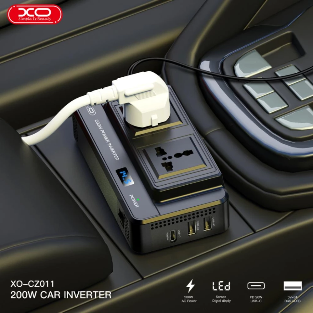 Инвертор за кола 12V/24V XO, 200W, 2xAC, 2xUSB-A,1xUSB-C - CZ011