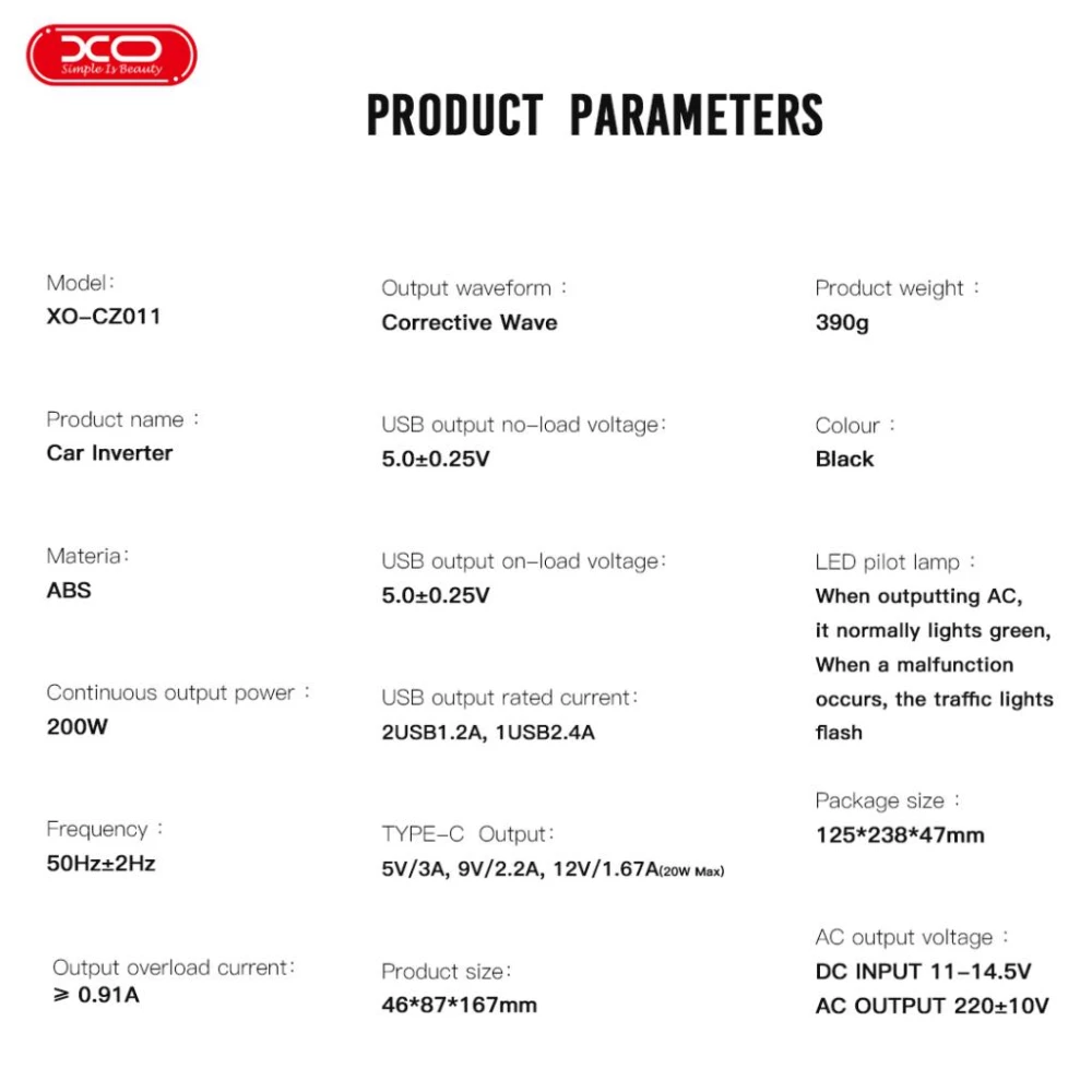 Инвертор за кола 12V/24V XO, 200W, 2xAC, 2xUSB-A,1xUSB-C - CZ011