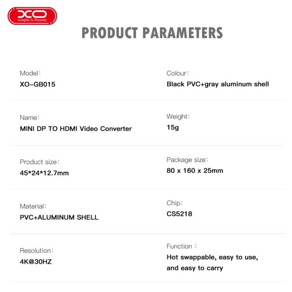 Преходник XO - GB015 от Mini DP към HDMI