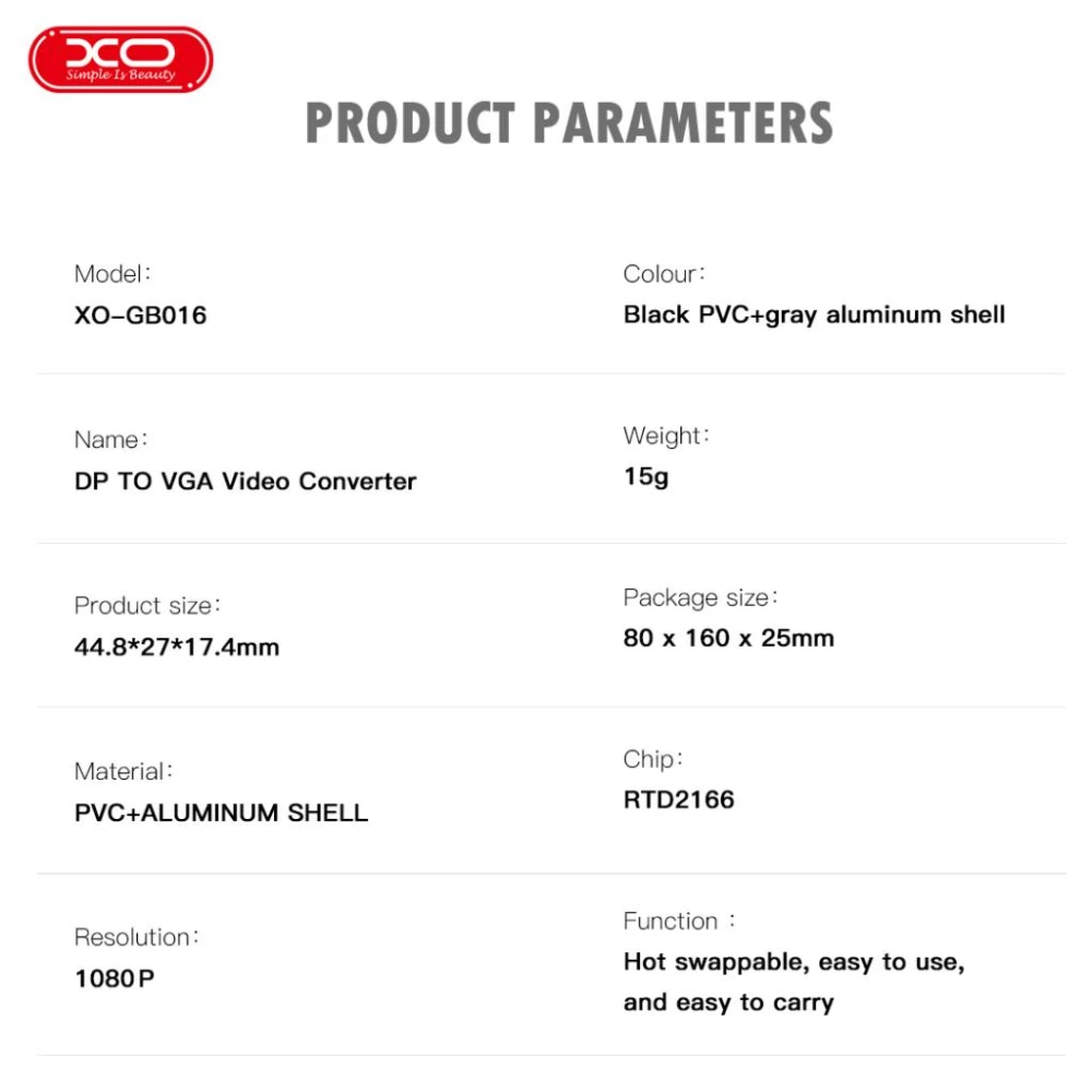 Преходник XO - GB016 от DP към VGA