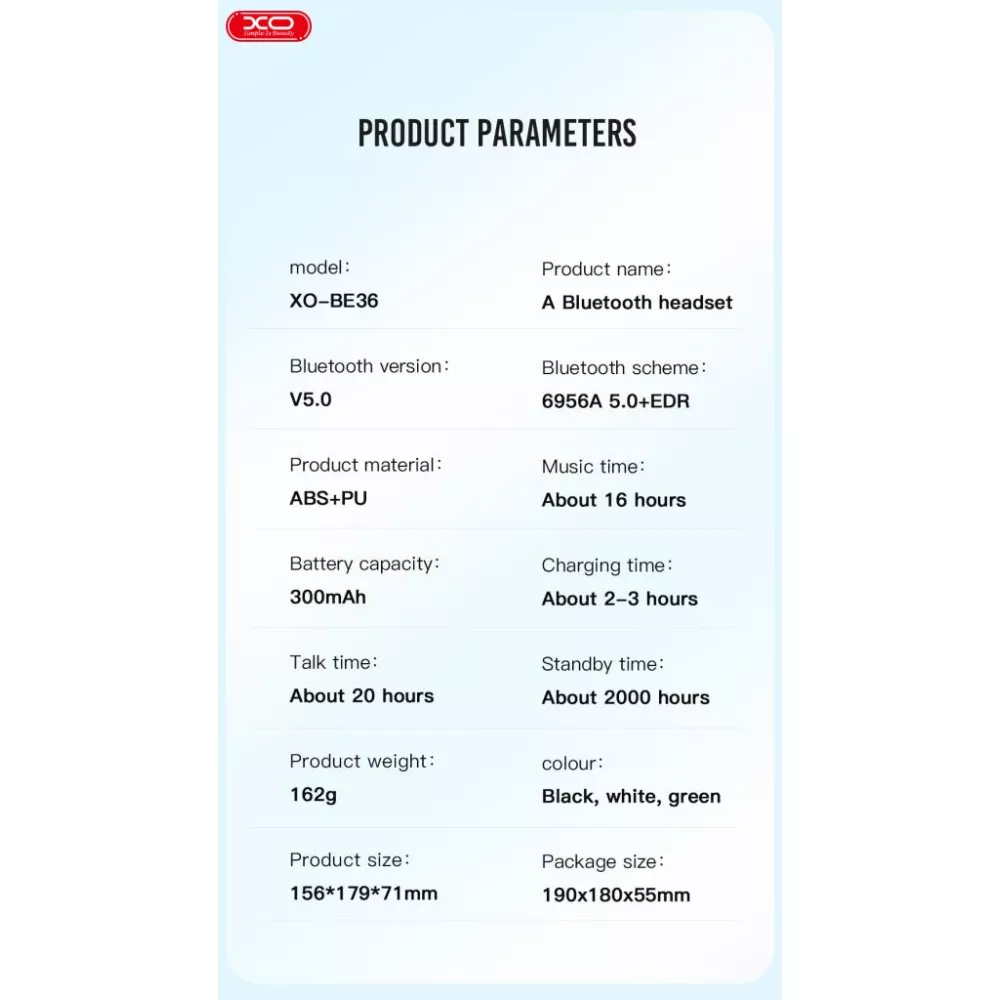 Bluetooth слушалки HF XO - BE36 Crystal Clear, OVER-EAR