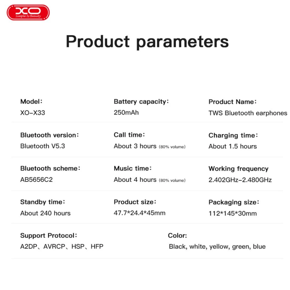 Слушалки HF XO - X33 Mini Jade Crystals, TWS, с Bluetooth