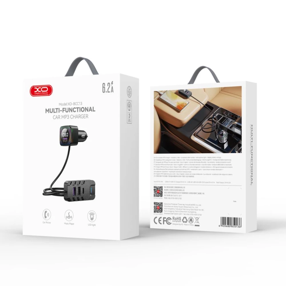 Трансмитер XO - BCC13, 5 Outputs/6.2A: 3.1A/5V: USB-A, USB-C + 3.1A/5V:2xUSB-A, USB-C