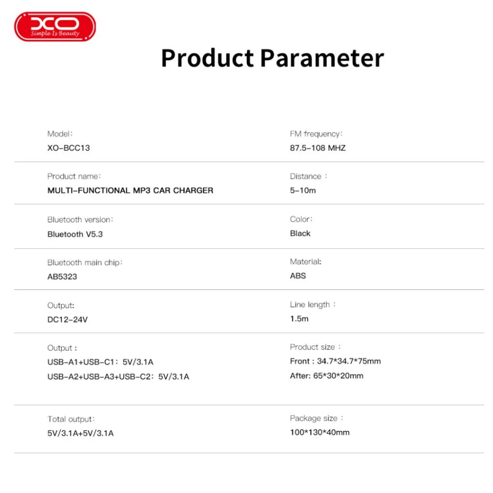 Трансмитер XO - BCC13, 5 Outputs/6.2A: 3.1A/5V: USB-A, USB-C + 3.1A/5V:2xUSB-A, USB-C