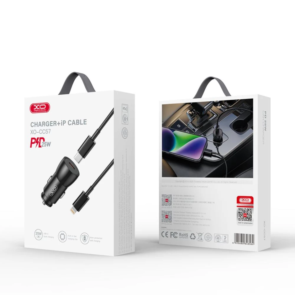 Зарядно за автомобил 12V XO - CC57 25W, USB-C, QC 3.0, PD + кабел Type-C към Type-C