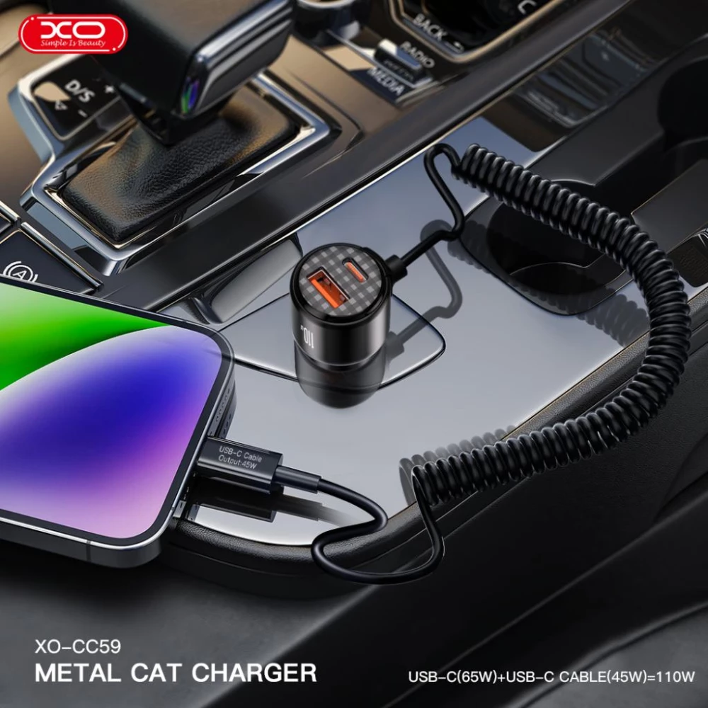 Зарядно за автомобил 12V XO - CC59 110W, USB-A/QC 3.0 + USB-C/PD3 + кабел Type-C 