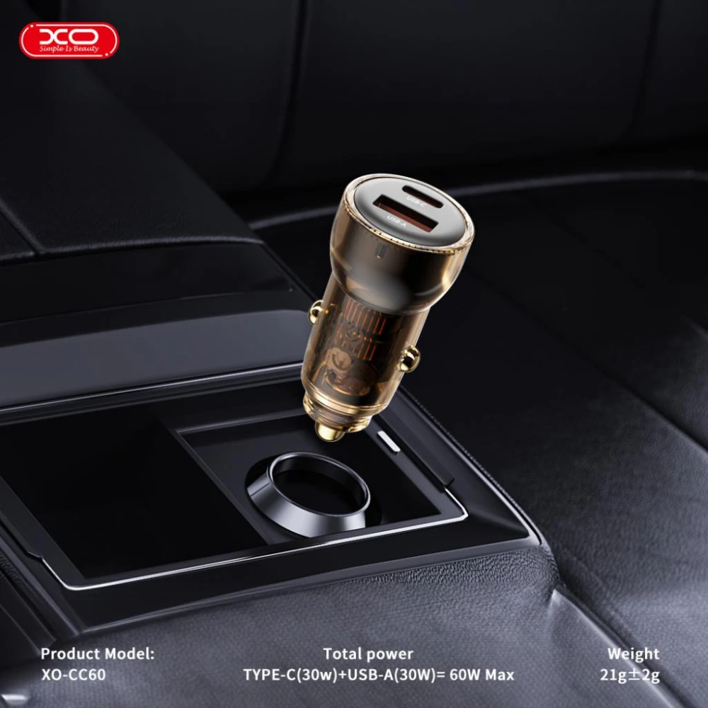 Зарядно за автомобил 12V XO - CC60 60W, USB-A/QC 3.0 + USB-C/PD3