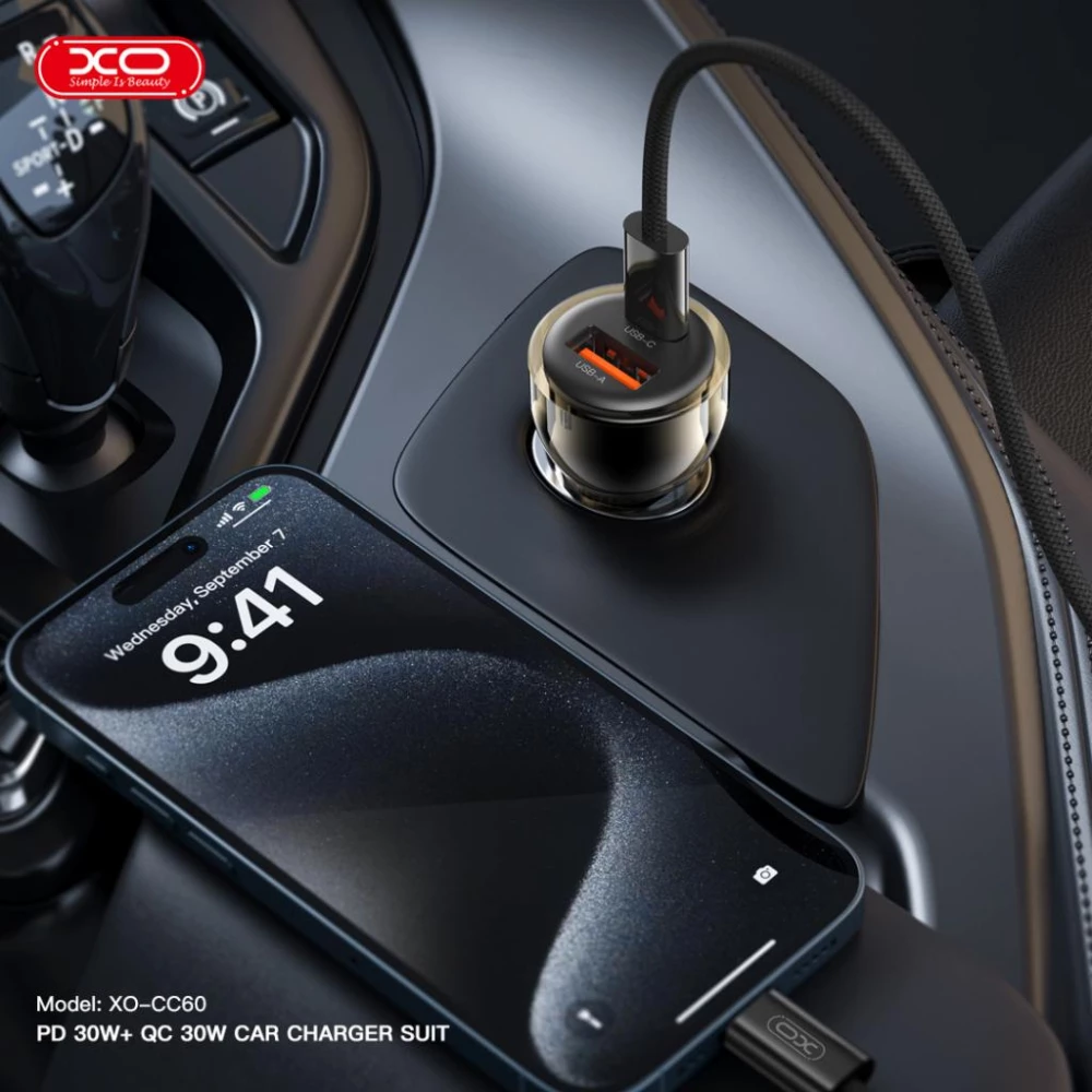 Зарядно за автомобил 12V XO - CC60 60W, USB-A/QC 3.0 + USB-C/PD3