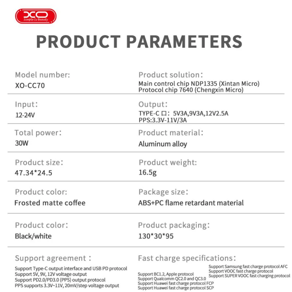 Зарядно за автомобил 12V XO - CC70 30W, USB-C