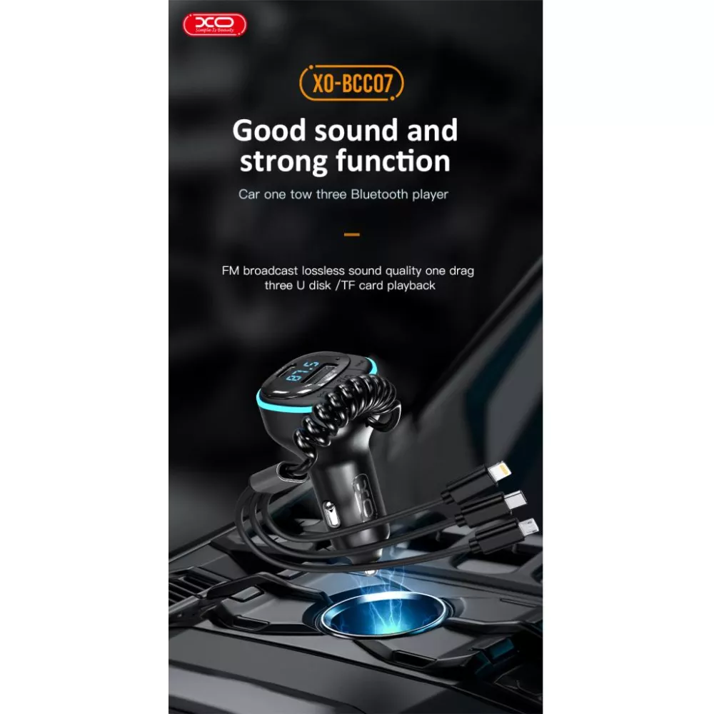 Трансмитер + 3 в 1 кабел XO - BCC07, MP3 Wireless 15.3W, USB-A, USB-C, QC 3.1A 