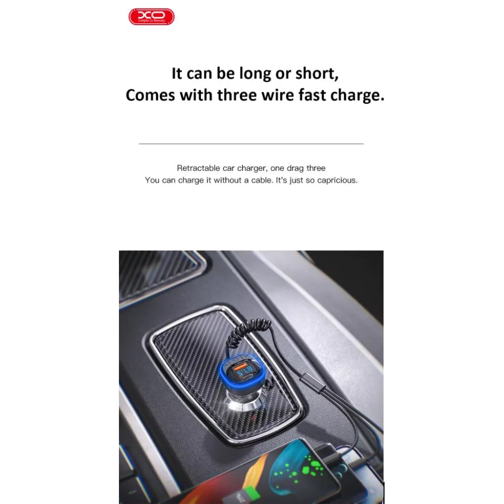 Трансмитер + 3 в 1 кабел XO - BCC07, MP3 Wireless 15.3W, USB-A, USB-C, QC 3.1A 