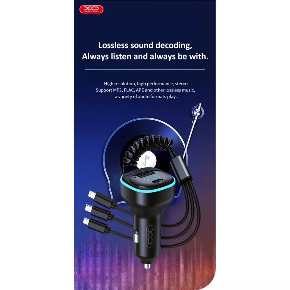 Трансмитер + 3 в 1 кабел XO - BCC07, MP3 Wireless 15.3W, USB-A, USB-C, QC 3.1A 